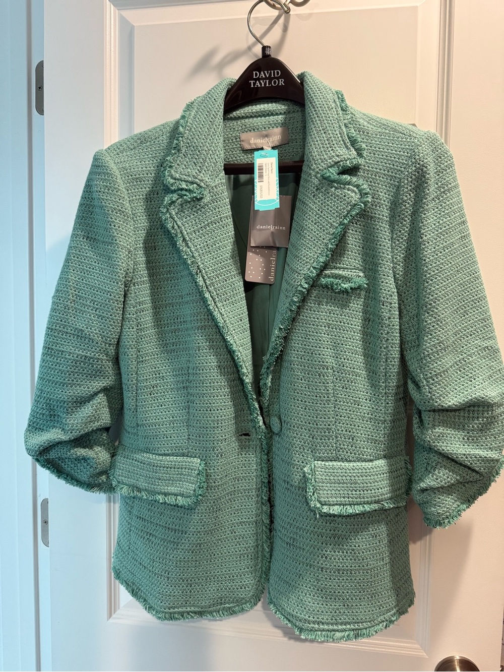 Daniel Rainn Mint Green Tweed Frayed-Trim Blazer Jacket
